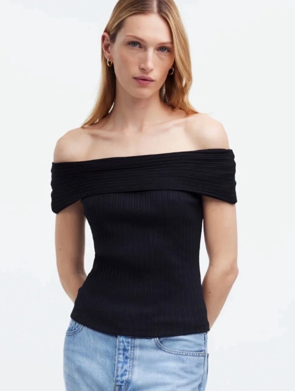 NWT Madewell Ribbed Off-the-Shoulder Top True Black NR359